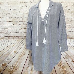 ROXY striped nautical cover up tunic shirt rope tassel